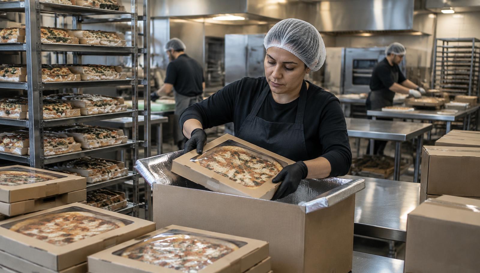 A production team packing boxed frozen products into insulated shipping cartons in a commercial commissary kitchen